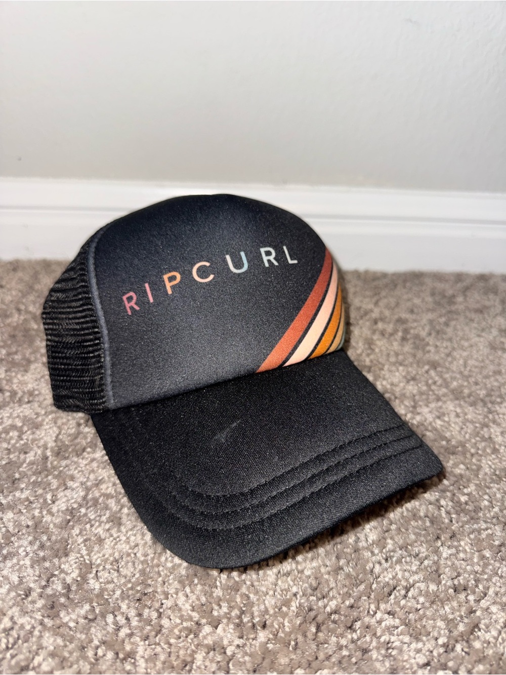 Rip Curl Black Trucker Hat with Sunset Stripe and Gradient Logo